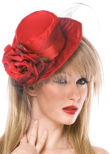 Coquette Sexy Victorian Burlesque Halloween Costume Red Rose Mini Top Hat Standard