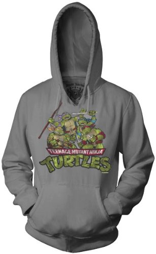  TMNT Teenage Mutant Ninja Turtles Group Hoodie Adult Distressed Heather Gray Hooded Sweatshirt