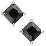 Black Princess Cut Square CZ Basket Set Silver Men Unisex Stud Earrings