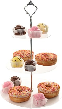 HeartofHome Kitchenware - Acrylic Cupcake Stand - 3 Tier Dessert Tower, Cake Stand - Circular - Clear Acrylic with Elegant Silver Handle