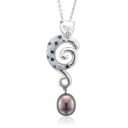 Certified 14k White Gold Cartier-Inspired Panther Diamond Sapphire Pearl Necklace