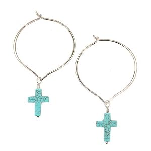 Turquoise Cross Dangle Earrings on a Sterling Silver Contemporary Hoop, #7500