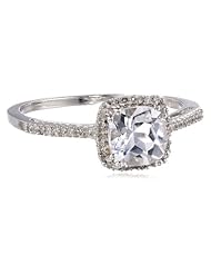 10k White Gold, April Birthstone, White Topaz and Diamond Cushion Ring, Size 7