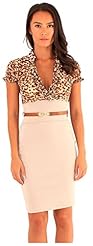 Belted Ruched Puff Sleeves Animal Print Chiffon/Elastane/Polyester Bodycon Dress 