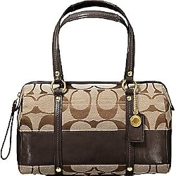 Coach Signature Stripe Patent Zip Satchel in Khaki/Brown 12430