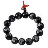 12mm Lotus Buddha Writing Black Agate Bracelet, Wrist Mala