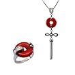 Good Luck Red Jade Platinum Overlay Sterling Silver Pendant Necklace (16") & Ring Set