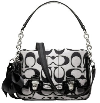 Coach Signature Poppy Pop Pushlock Flap Shoulder Bag Purse Tote 18352 Black White