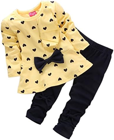 Baby Girls' 2pcs Toddler Bowknot Hearts Long Sleeve Top Leggings Set(100,Yellow)