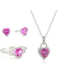 Sterling Silver Gemstone and Diamond Ring, Pendant Necklace,Earrings Heart Box Set
