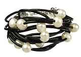 Multi-Row White Freshwater Pearl and Black Nylon Cord Bracelet with Silver Tone Chain and Clasp