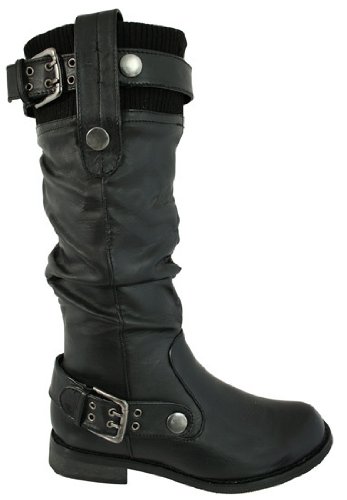 I Love Shoes Biker Leather Style Flat Wide Calf Boots "Larissa" Black Size US 7
