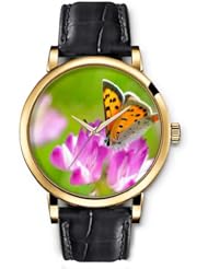 SPRAWL Aanalog Fashion Series Gold Ladies Watches of Genuine Black Leather Strap,Unique Wrist Watch for Women Girls Designed with Butterfly pink flowers