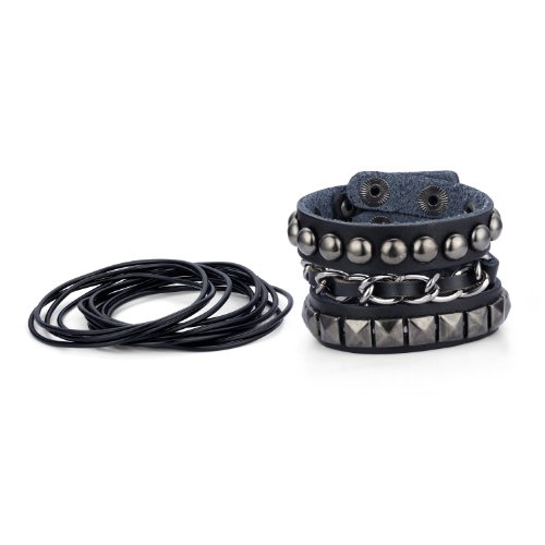 Men's Black Leather Bracelet & Silicone Bands Package-rock Style