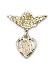 14kt Gold Baby Badge with Guardian Angel Charm and Angel w/Wings Badge Pin