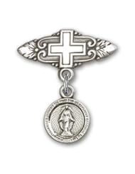 Sterling Silver Baby Badge with Miraculous Charm and Badge Pin with Cross