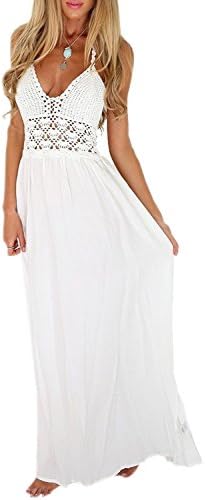 LINDALANG Women's Beach Crochet Backless Bohemian Halter Maxi Long Dress 1-White Large