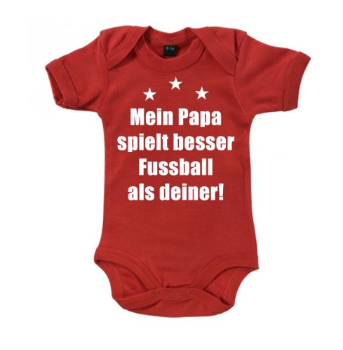 ::: MEIN PAPA SPIELT BESSER FUSSBALL ALS DEINER ::: Baby Body, Rot, Größe 0-3 Monate