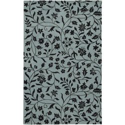 Bombay Aqua Blue and Black Floral Print 9' x 13' Area Rug by Surya