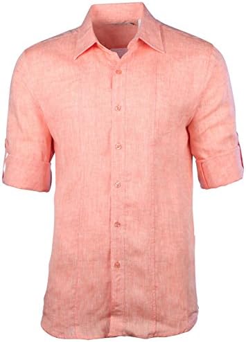 Mojito Collection Men's Linen Double Striped Front Core Rolled-Sleeve Shirt-Orange-Large