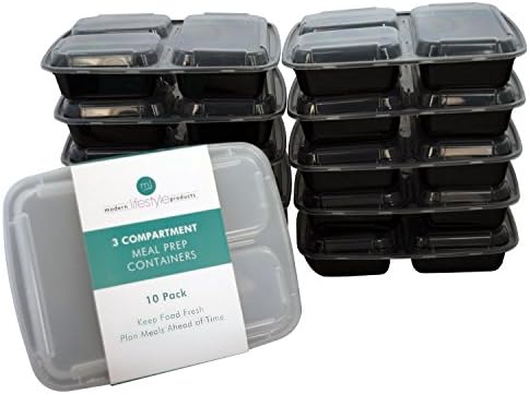 Stackable 3-Compartment Meal Prep Containers | Reusable Set of 10 with Lids for Healthy Meal Prep | Nontoxic Recycled Polypropylene, Microwave, Dishwasher &amp; Freezer Safe