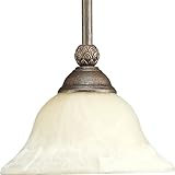 IMAGE OF Progress Lighting P5040-86 1-Light Stem-Hung Mini-Pendant with Antique Alabaster Glass Bowl and Pineapple Patterned Details, Burnished Chestnut