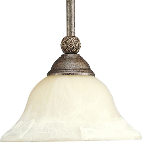 Progress Lighting P5040-86 1-Light Stem-Hung Mini-Pendant with Antique Alabaster Glass Bowl and Pineapple Patterned Details, Burnished Chestnut