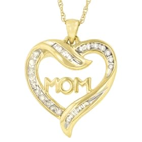 18k Gold Overlay Sterling Silver Diamond "Mom" Heart Pendant (.25 cttw)