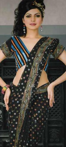 Indian Traditional Black Faux Georgette Belly Dance Dress Saree Sari with Unstitched Blouse