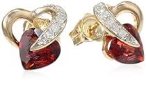 Hot Sale 10k Yellow Gold Heart Garnet Diamond Earrings (0.08 cttw, I-J Color, I2-I3 Clarity)
