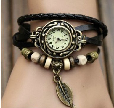 Black Color Quartz Fashion Weave WRAP Around Leather Bracelet Lady Woman Wrist Watch