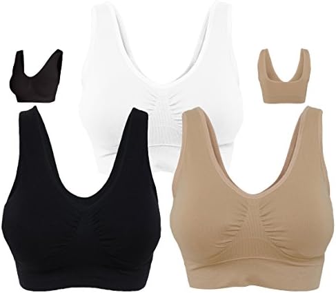 KINYAOYAO Women's 3-Pack Plus Size Seamless Wireless Active Bra,Black,White,Beige,XXX-Large