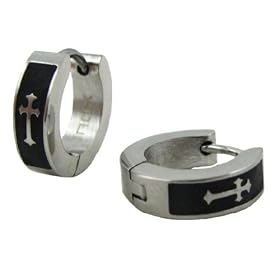 Stainless Steel Cross on Black Ear Huggie Hoop Earrings