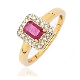 0.68cttw Natural White Round Diamond (SI-Clarity, GH-Color) and Genuine Ruby Ring in 14K Yellow Gold.