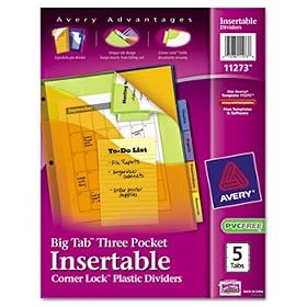 Insertable Three-Pocket Divider with Corner Lock, 11x8-1/2, 5-Tab, Assorted