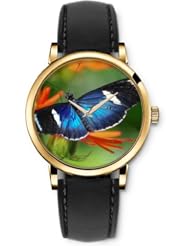 SPRAWL Aanalog Fashion Series Gold Ladies Watches of Genuine Black Leather Strap,Unique Wrist Watch for Women Girls Designed with Blue Butterfly