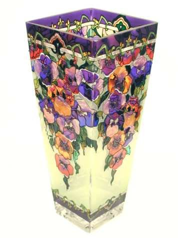 Amia 10-Inch Tall Hand-Painted Glass Vase Featuring Pansy Flowers