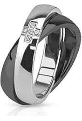 Cross with Paved CZ Combination of Black IP Band Stainless Steel Ring