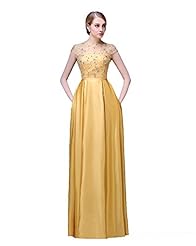 Floor Length Satin Jeweled Lace Cap Sleeves Evening Dress 