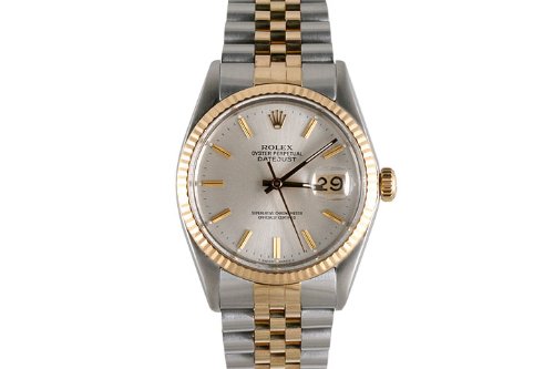Rolex Mens 2 Tone Datejust Silver Stick Dial