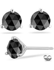 3.00 Cts 7.00-7.50 mm AAA Round Rose Cut Black Diamond Stud Earrings in 14K White Gold-Screw Backs {DIAMOND APPRAISAL INCLUDED}