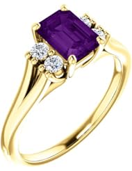 18K Yellow Gold 7.00x5.00mm Emerald Cut Amethyst and Diamond Ring -- LIFETIME WARRANTY