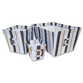 Click here to buy Fabric Storage Bins in Blue Max Stripe-set of 3 by Trend Lab.