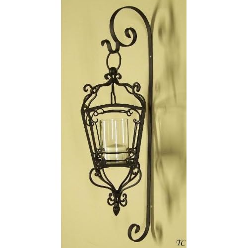 Tuscany Wrought Iron Scroll Wall Candle Lantern Sconce with Glass Hurricane