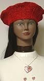 IMAGE OF Sterling Silver Plated Medium Chain Cutu Necklace with Silver and Onyx Heart Pendant Earrings for Women and Teens Offered with Hand Crocheted Red Metallic Gimp Beret