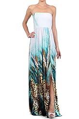 Strapless Polyester/Spandex Leopard Print Slit Stretchy Maxi Dress 