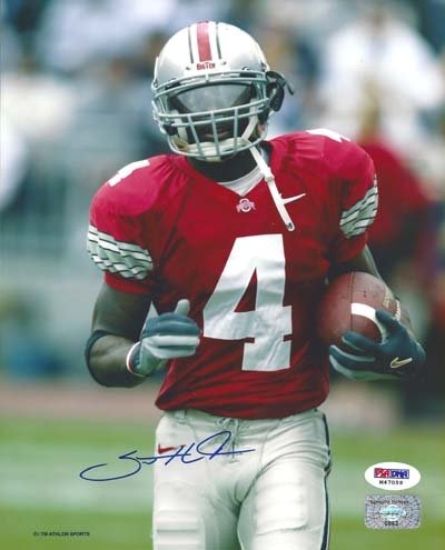 Santonio Holmes Autographed/Hand Signed Ohio State 8x10 Photo in Blue PSA/DNA