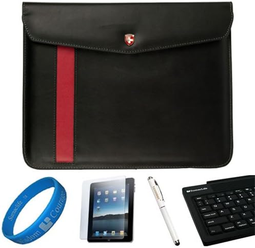 Black Executive Diplomat Leatherware Envelope Carrying Case for Apple iPad 4 / New iPad 3rd Gen / iPad 1 and 2 (16GB 32GB 64GB) compatible with iPad 2 + Clear Anti Gloss Screen Protector + Sumaclife Bluetooth Keyboard + Executive White Stylus Pen with Laser Pointer + SumacLife Wisdom Courage Wristband