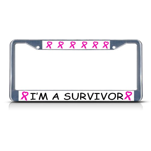 I M A SURVIVOR BREAST CANCER RIBBON Chrome Study Metal License Plate