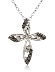 Sterling Silver Black-Diamond Fancy Cross Pendant Necklace